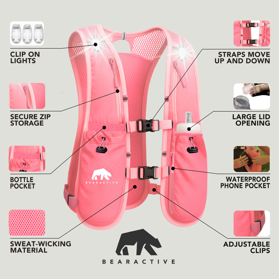 Bearactive Pink LED Clip Running Vest Bundle (Vest, Softflask and 3 x Lights)