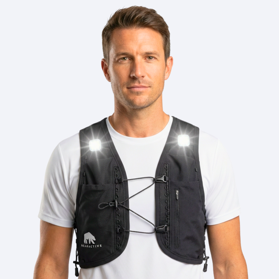 Black Elastic LED Running Vest (Vest, 500ml Softflask & 3xLights)