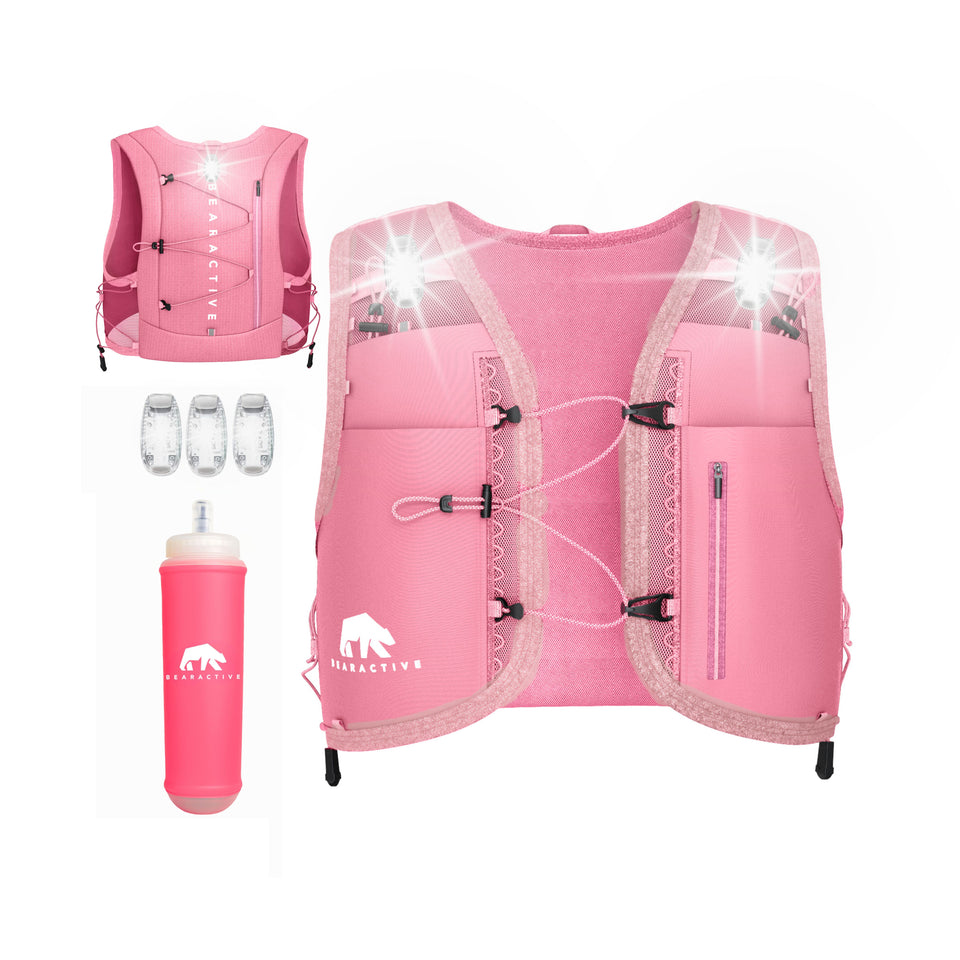 Pink Elastic Clip LED Running Vest (Vest, 500ml Softflask & 3x Lights) - Bearactive