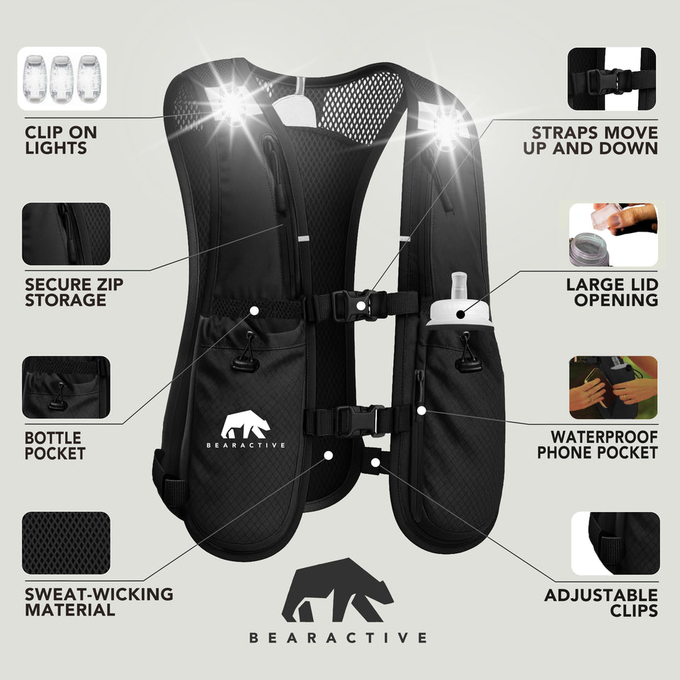 Bearactive Battery LED Running Vest with 500ml Soft Flask and Whistle