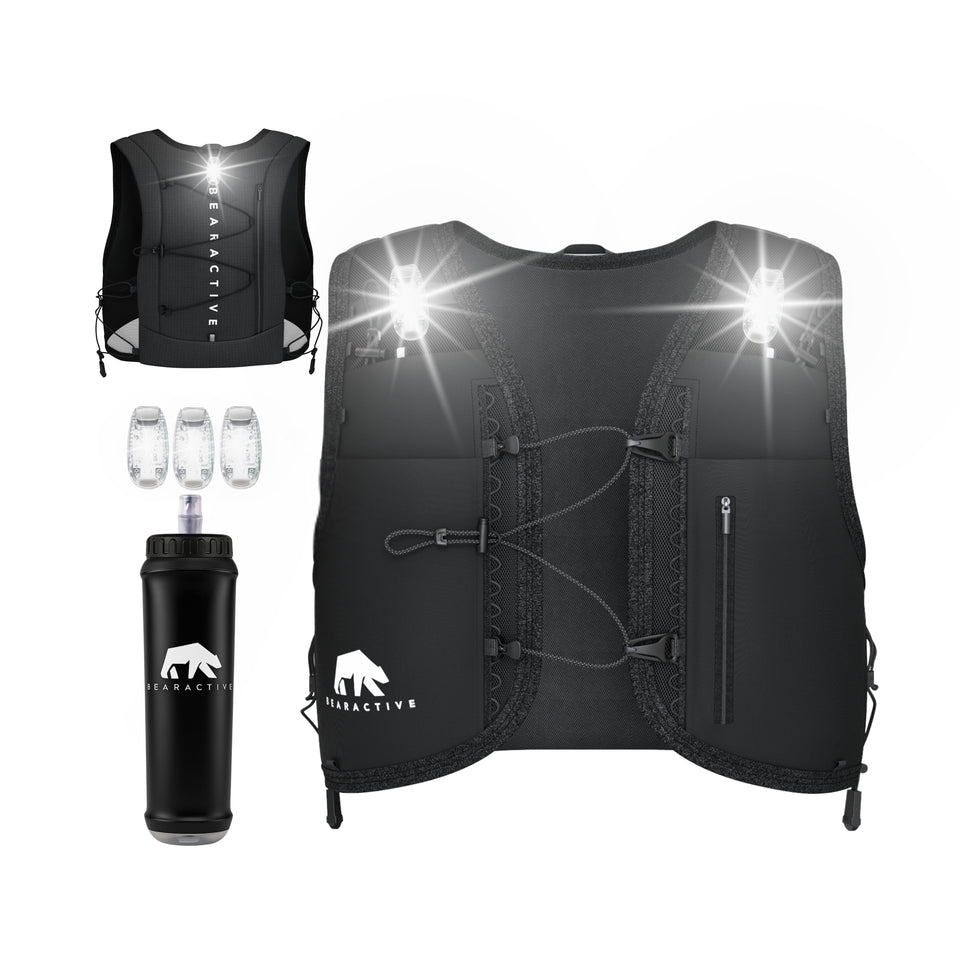 Black Elastic LED Running Vest (Vest, 500ml Softflask & 3xLights) - Bearactive