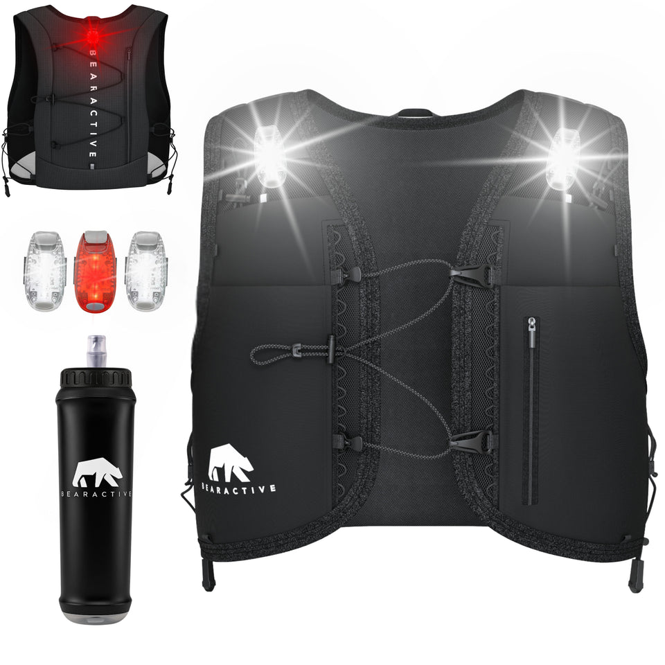 Black Elastic LED Running Vest (Vest, 500ml Softflask & 3xLights)