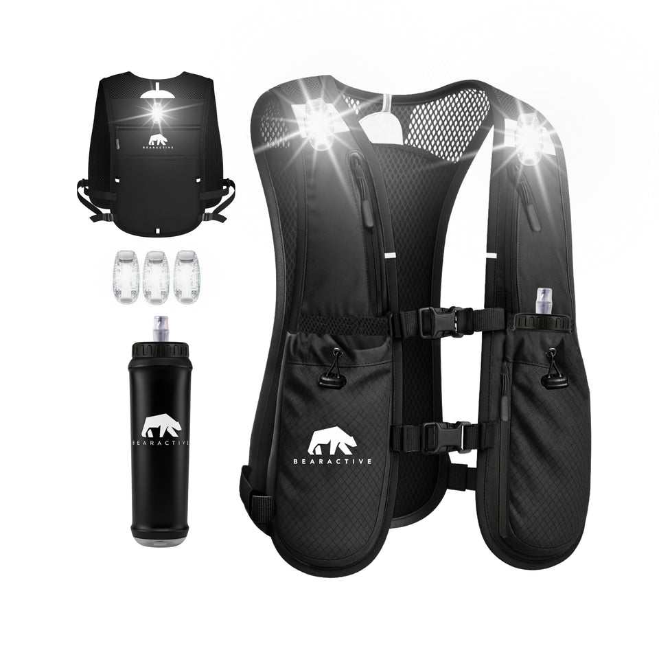 Black Clip LED Running Vest (Vest, 500ml Softflask & 3xLights) - Bearactive
