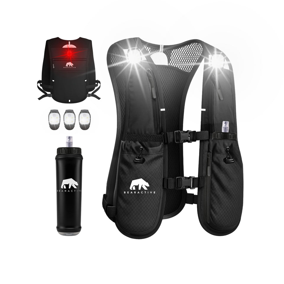 Black Clip LED Running Vest (Vest, 500ml Softflask & 3xLights) - Bearactive