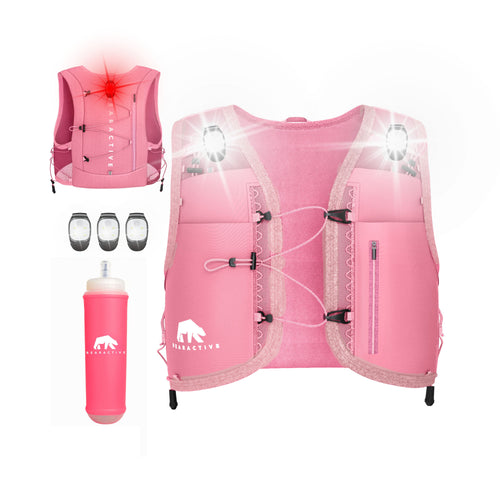 Pink Elastic Clip LED Running Vest (Vest, 500ml Softflask & 3x Lights) - Bearactive