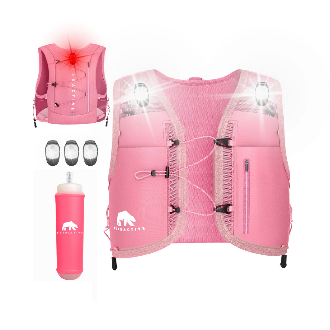 Pink Elastic Clip LED Running Vest (Vest, 500ml Softflask & 3x Lights) - Bearactive