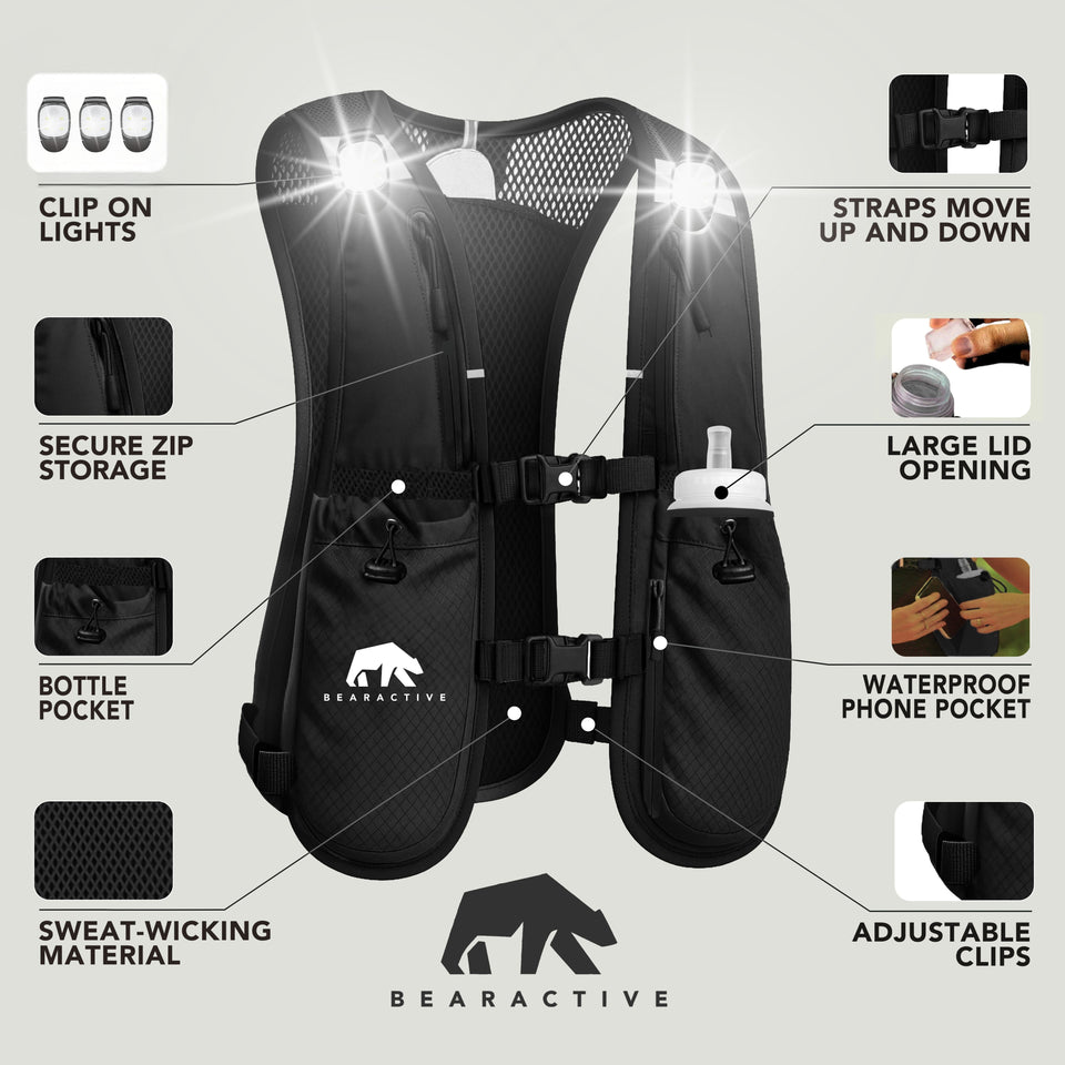 Bearactive Rechargeable LED Running Vest with 500ml Soft Flask and Whistle