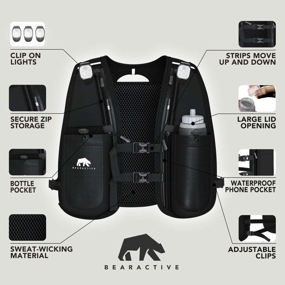 Bearactive Rechargeable LED Running Vest with 500ml Soft Flask and Whistle