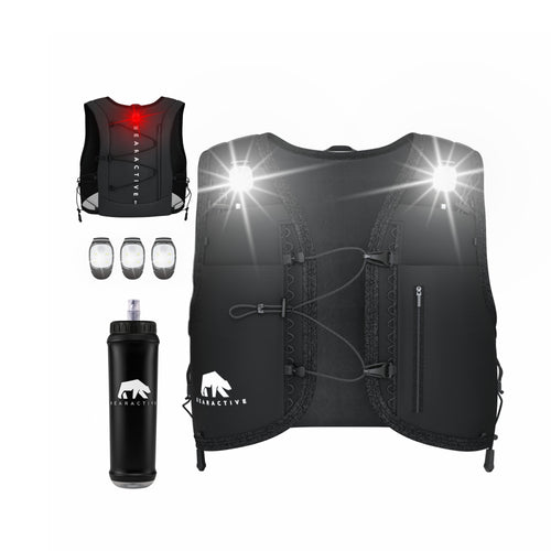 Black Elastic LED Running Vest (Vest, 500ml Softflask & 3xLights)