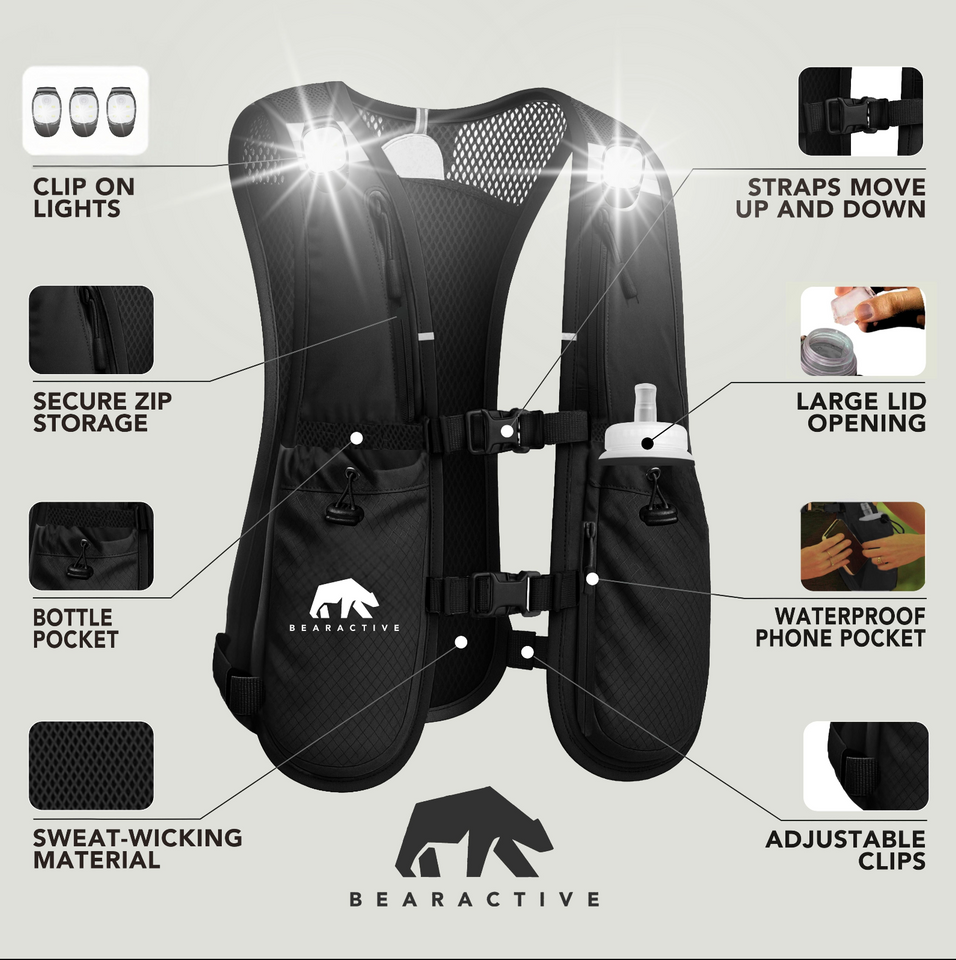 Black Clip LED Running Vest (Vest, 500ml Softflask & 3xLights)