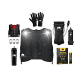 Ultimate Running Kit in black: LED running vest with 3 clip-on lights and a 500ml soft flask, 2L hydration bladder, Grin and Bear It soft flask, running gloves and electrolyte sachets