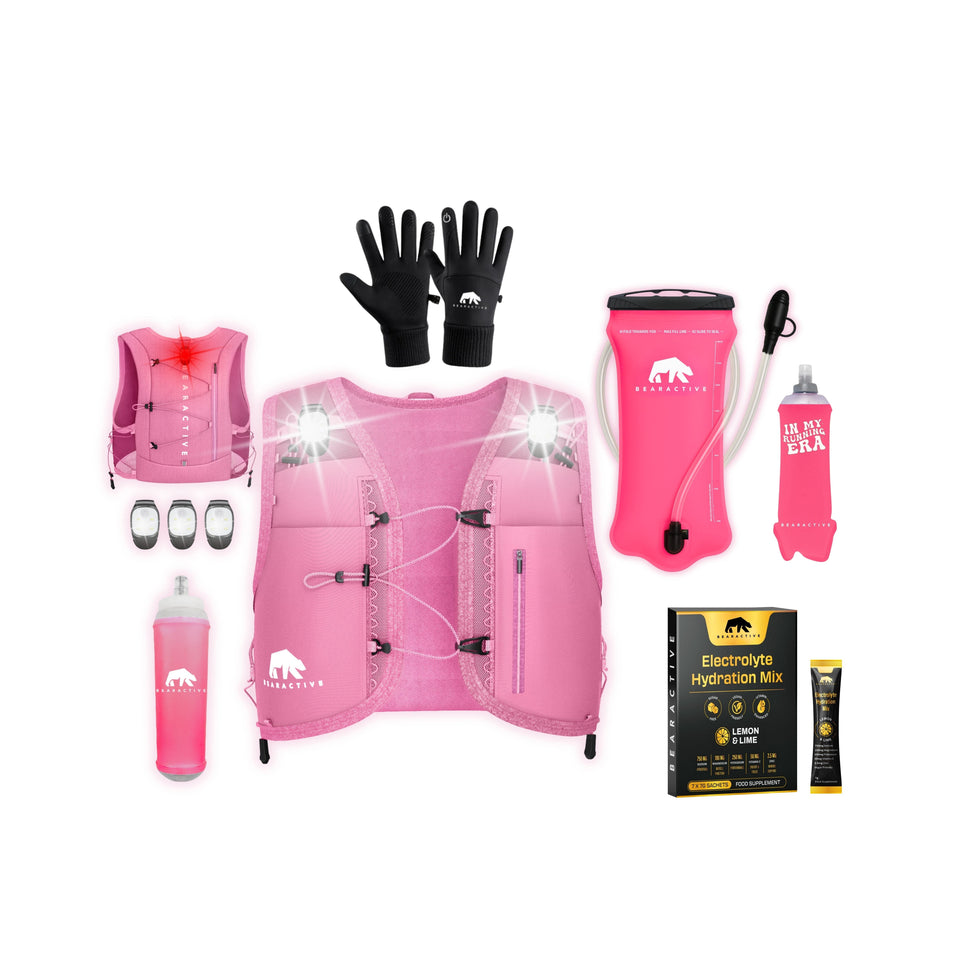 Ultimate Running Kit in pink: LED running vest with 3 clip-on lights and a 500ml soft flask, 2L hydration bladder, Running Era soft flask, running gloves and electrolyte sachets